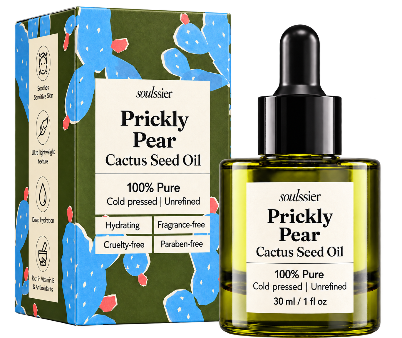 Soulssier Prickly Pear Cactus Seed Oil bottle and product box